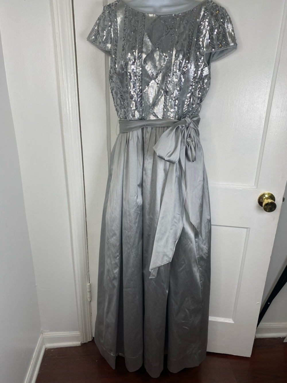 Adrianna Papell Silver Sequin Bodice Formal Maxi Dress